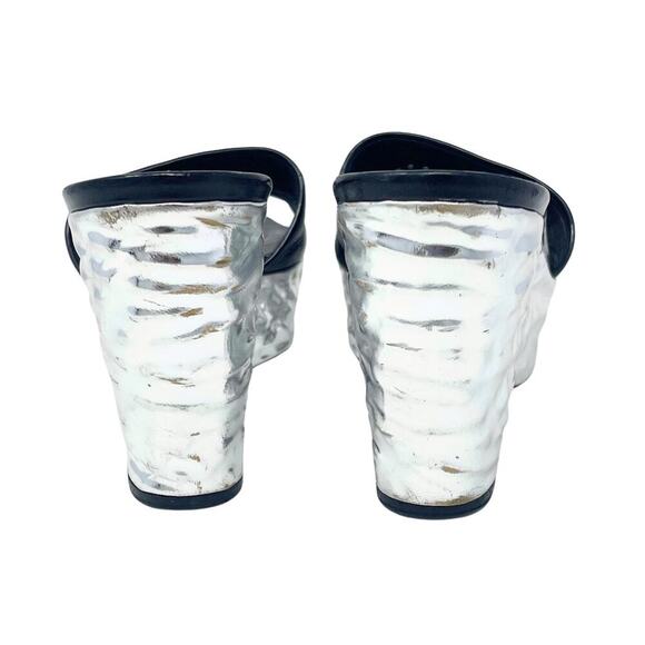 Chanel Shoes Flat Heels CC Logo Black Leather Silver Metallic Platform Wedge 37 - Picture 4 of 11